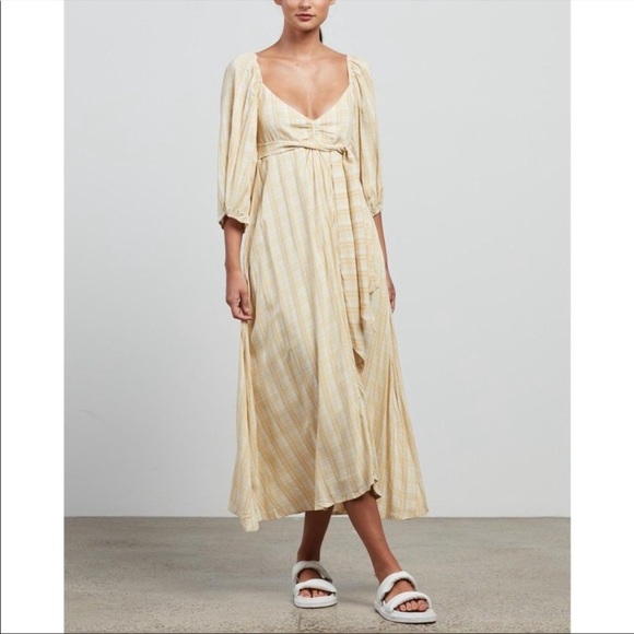 Faithfull the Brand Check Imanie Midi Dress in Beige - Picture 6 of 10